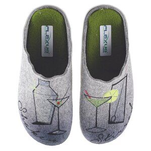 Flexus COCKTAIL Felt Slippers | 38 Gray | Martini Graphic | Indoor Outdoor | NIB